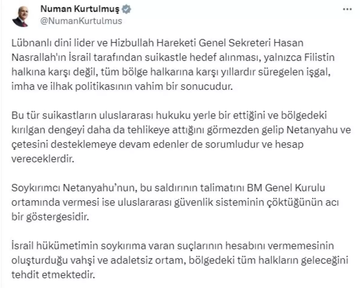 Kurtulmuş’tan Nasrallah Açıklaması