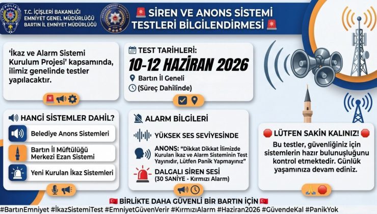 Bartın’da ikaz ve alarm sistemleri test edilecek, Emniyetten ‘Panik Yapmayın’ uyarısı