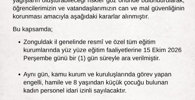 Kuvvetli yağış uyarısının ardından Zonguldak’ta okullar tatil edildi