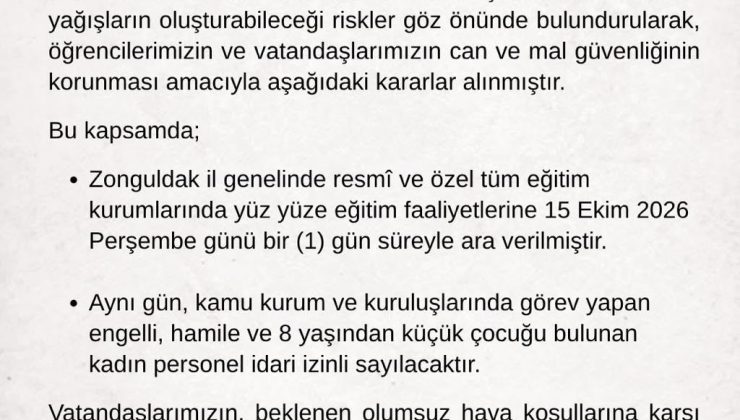 Kuvvetli yağış uyarısının ardından Zonguldak’ta okullar tatil edildi