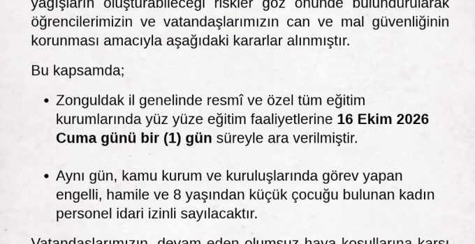 Zonguldak’ta kuvvetli yağış nedeniyle eğitime bir gün ara verildi