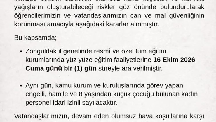 Zonguldak’ta kuvvetli yağış nedeniyle eğitime bir gün ara verildi